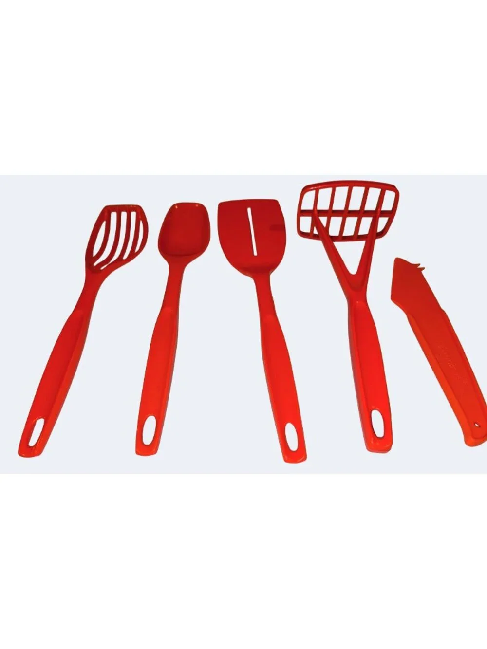 Vintage Foley Orange Plastic Kitchen Utensil Set Of 5 Incl Masher Slotted Spat